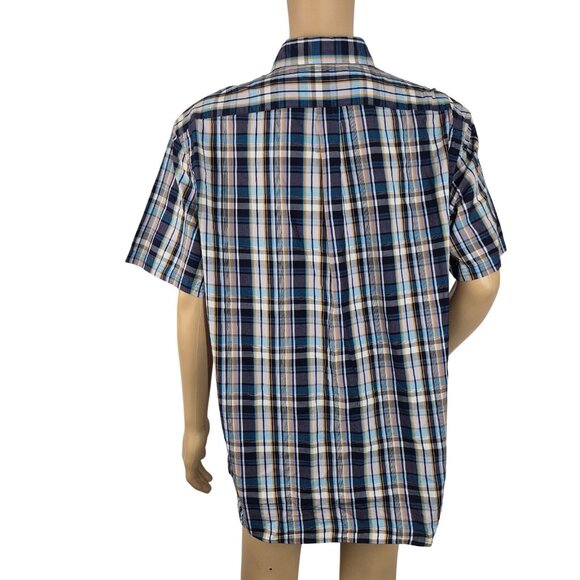 Roundtree Yorke Men's Size XL Short Sleeve  Button Up Deep Blue Plaid Shirt (12) - Picture 4 of 10